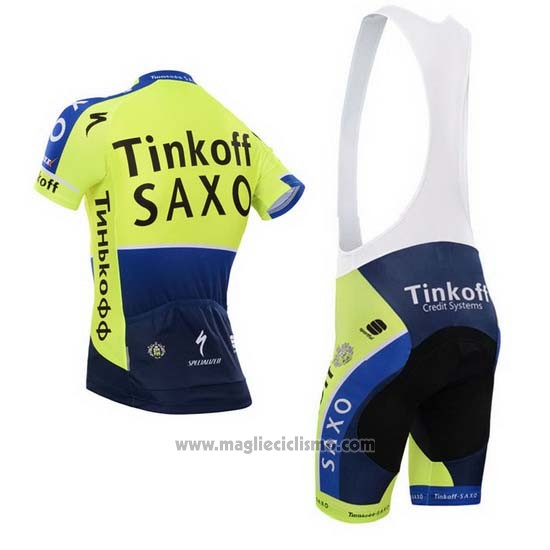 2014 Abbigliamento Ciclismo Tinkoff Saxo Bank Blu e Verde Manica Corta e Salopette